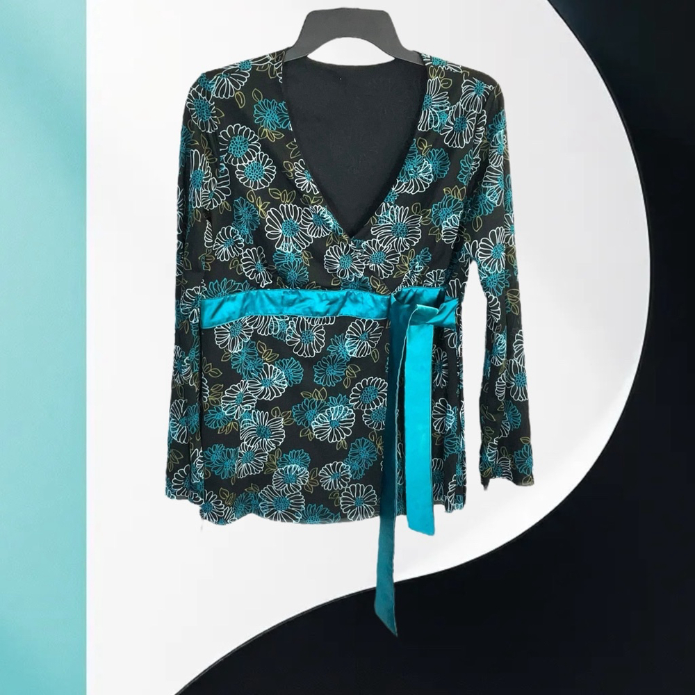 Unbranded Black Gold Dark Dusty Blue White Floral Lined Peplum Tie Blouse Wm Lg - Picture 4 of 6